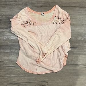 Free People Women's Long Sleeve Peach Lace-Up Shoulder Boho Top